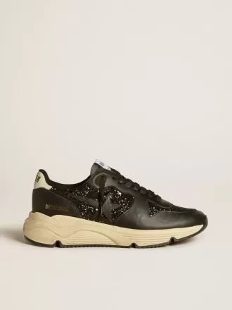 Damen-Sneaker „Running Sole” in Schwarz mit Glitzer, Lederstern und Fersenlasche aus Nubukleder