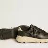 Damen-Sneaker „Running Sole” in Schwarz mit Glitzer, Lederstern und Fersenlasche aus Nubukleder