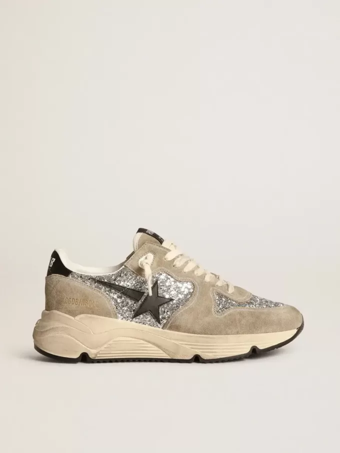 Damen-Sneaker „Running Sole” in Silberglitzer und taubengrauem Wildleder