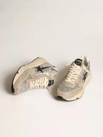 Damen-Sneaker „Running Sole” in Silberglitzer und taubengrauem Wildleder
