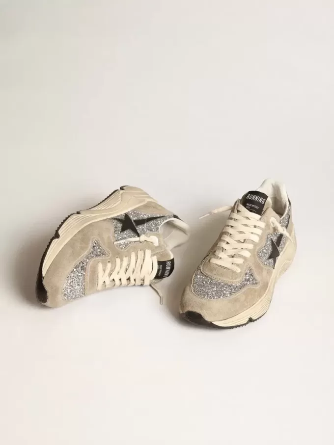Damen-Sneaker „Running Sole” in Silberglitzer und taubengrauem Wildleder