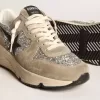 Damen-Sneaker „Running Sole” in Silberglitzer und taubengrauem Wildleder
