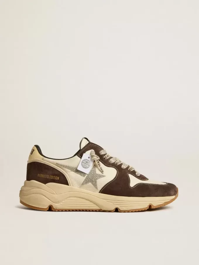 Damen-Sneaker „Running Sole LTD” aus Nappaleder und braunem Wildleder mit Swarovski-Kristallstern