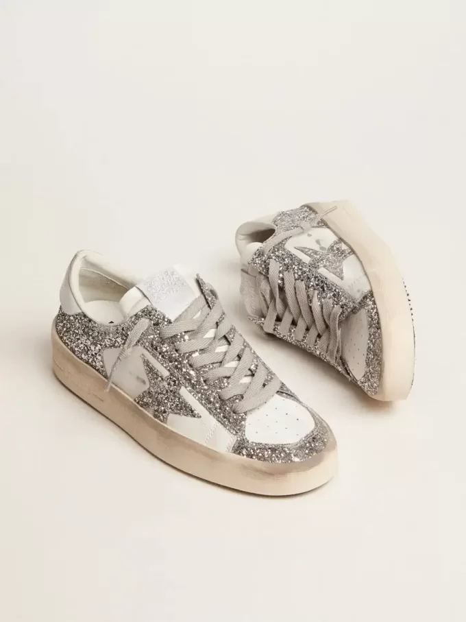 Damen-Sneaker „Stardan” aus weißem Leder mit Glitzer Damen-Sneaker „Stardan” aus weißem Leder mit Glitzer