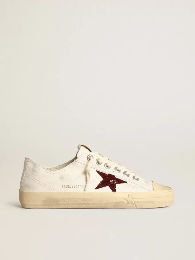 Damen-Sneaker V-Star aus weißem Nappaleder mit rotem Glitzerstern