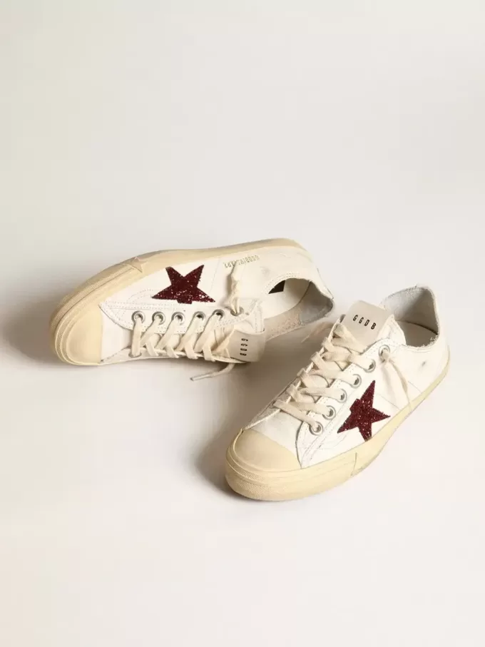 Damen-Sneaker V-Star aus weißem Nappaleder mit rotem Glitzerstern