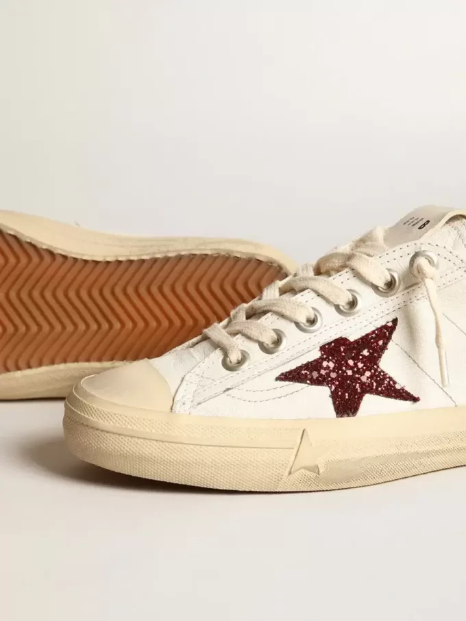Damen-Sneaker V-Star aus weißem Nappaleder mit rotem Glitzerstern