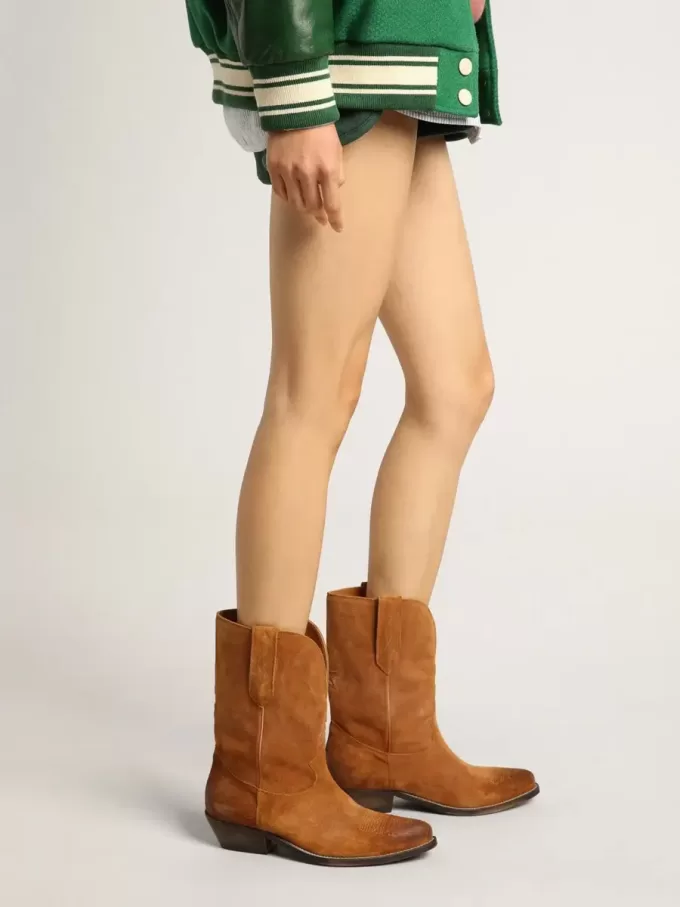 Damen-Stiefeletten aus tabakfarbenem Wildleder mit eingearbeitetem Stern