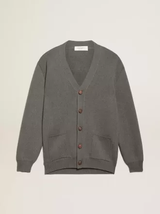 Damen-Strickjacke aus melierter grauer Baumwolle mit Logo auf der Rückseite Damen-Strickjacke aus melierter grauer Baumwolle mit Logo auf der Rückseite