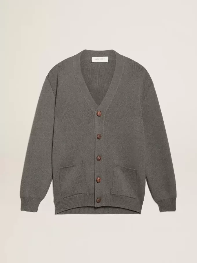 Damen-Strickjacke aus melierter grauer Baumwolle mit Logo auf der Rückseite