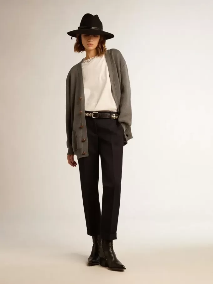 Damen-Strickjacke aus melierter grauer Baumwolle mit Logo auf der Rückseite