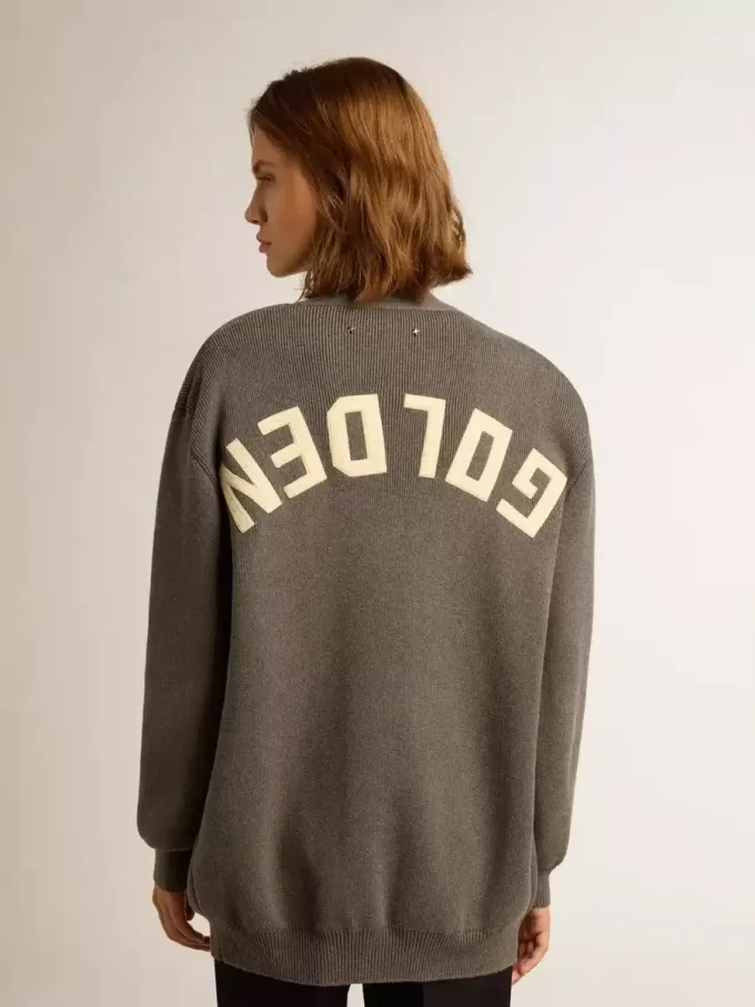 Damen-Strickjacke aus melierter grauer Baumwolle mit Logo auf der Rückseite