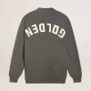 Damen-Strickjacke aus melierter grauer Baumwolle mit Logo auf der Rückseite