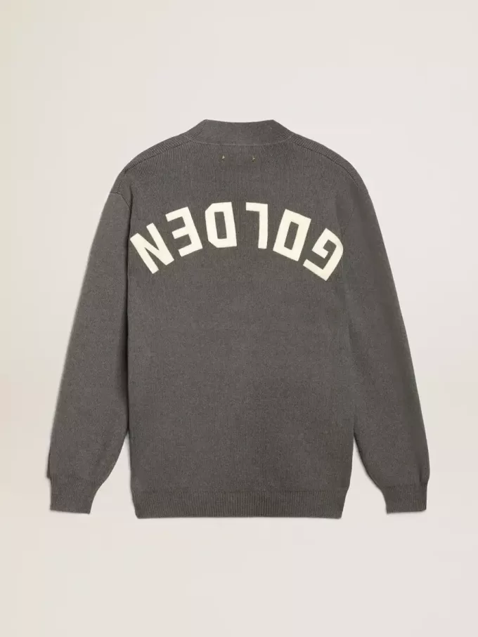 Damen-Strickjacke aus melierter grauer Baumwolle mit Logo auf der Rückseite