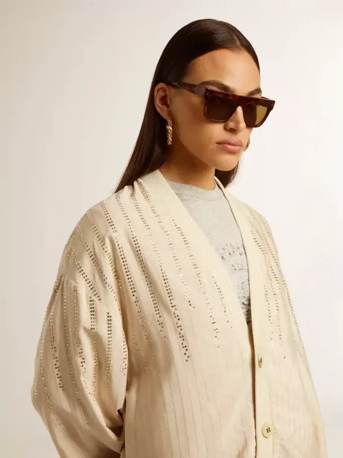 Damen-Strickjacke aus Seide und Viskose mit Nadelstreifenmotiv