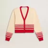 Damen-Strickjacke in Creme mit roten Streifen