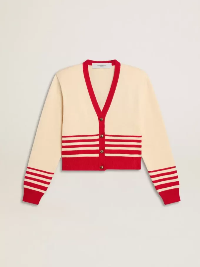Damen-Strickjacke in Creme mit roten Streifen
