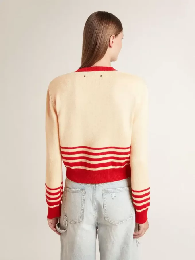 Damen-Strickjacke in Creme mit roten Streifen