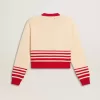 Damen-Strickjacke in Creme mit roten Streifen