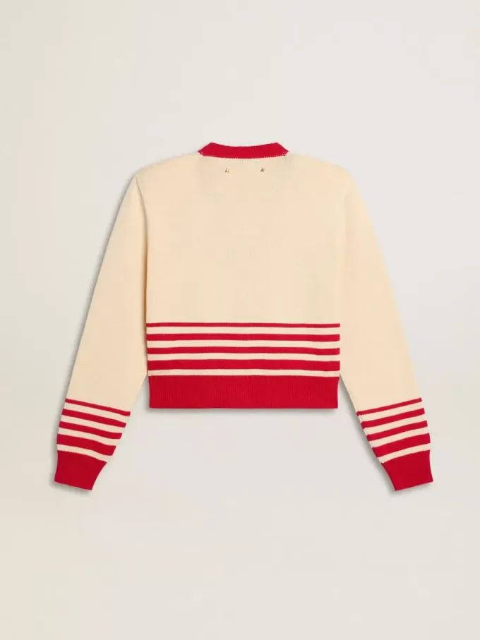 Damen-Strickjacke in Creme mit roten Streifen