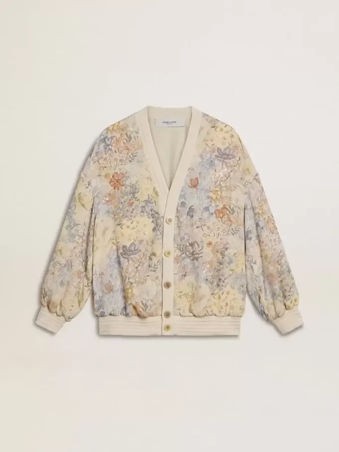 Damen-Strickjacke mit Blumenprint und Stickerei