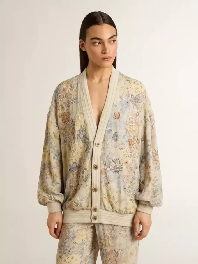 Damen-Strickjacke mit Blumenprint und Stickerei