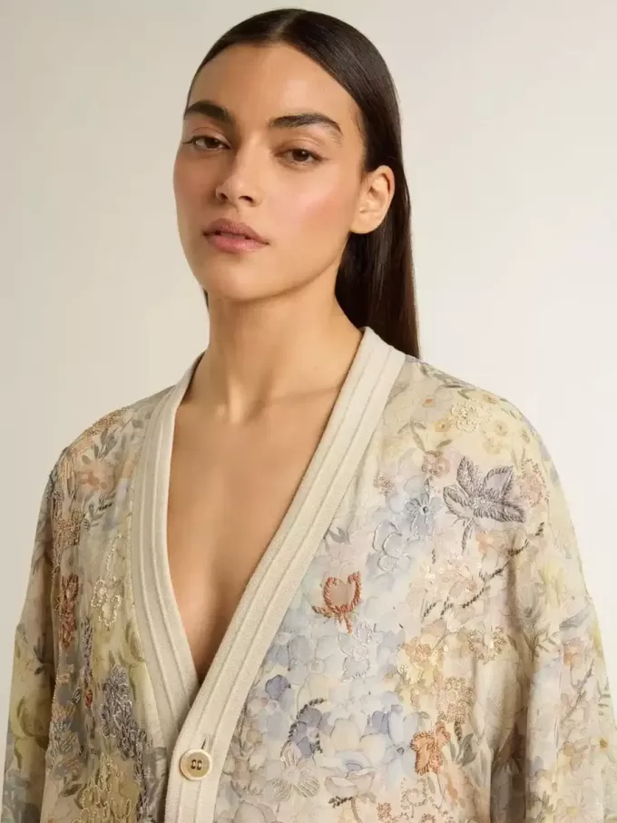 Damen-Strickjacke mit Blumenprint und Stickerei