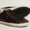 Damen-Superstar aus schwarzem Nappa und Glitzer mit glänzendem schwarzen Lederstern Damen-Superstar aus schwarzem Nappa und Glitzer mit glänzendem schwarzen Lederstern