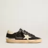Damen-Superstar in schwarzem Glitzer und Nappa mit cremefarbenem Lederstern und Fersenlasche Damen-Superstar in schwarzem Glitzer und Nappa mit cremefarbenem Lederstern und Fersenlasche