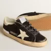 Damen-Superstar in schwarzem Glitzer und Nappa mit cremefarbenem Lederstern und Fersenlasche Damen-Superstar in schwarzem Glitzer und Nappa mit cremefarbenem Lederstern und Fersenlasche