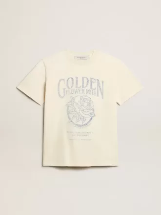 Damen-T-Shirt aus altweißer Baumwolle mit saisonalem Print