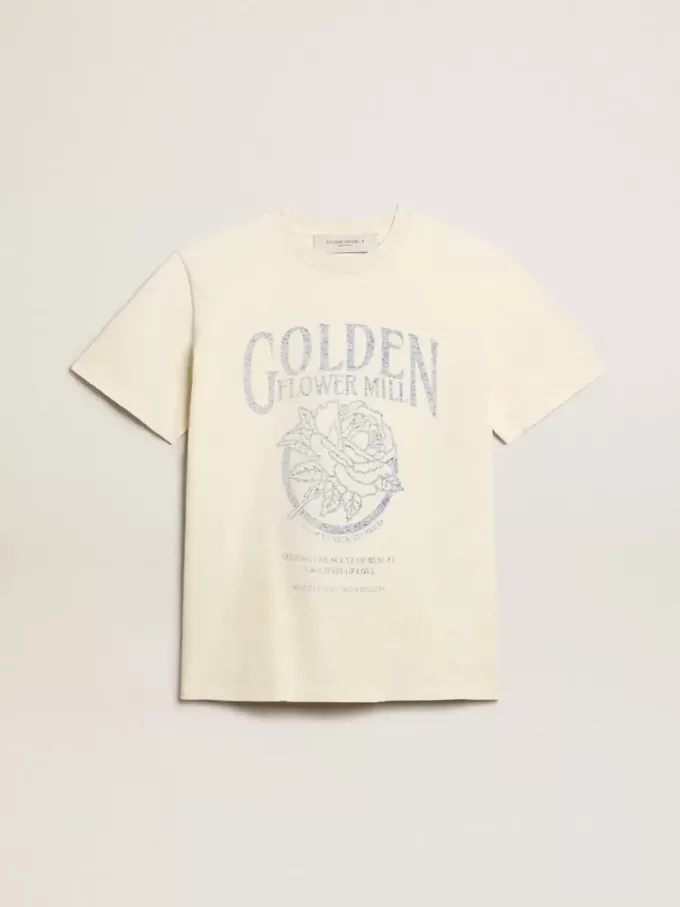 Damen-T-Shirt aus altweißer Baumwolle mit saisonalem Print