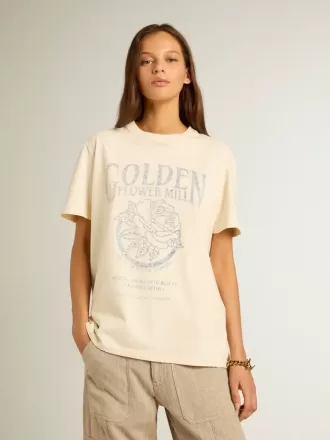 Damen-T-Shirt aus altweißer Baumwolle mit saisonalem Print
