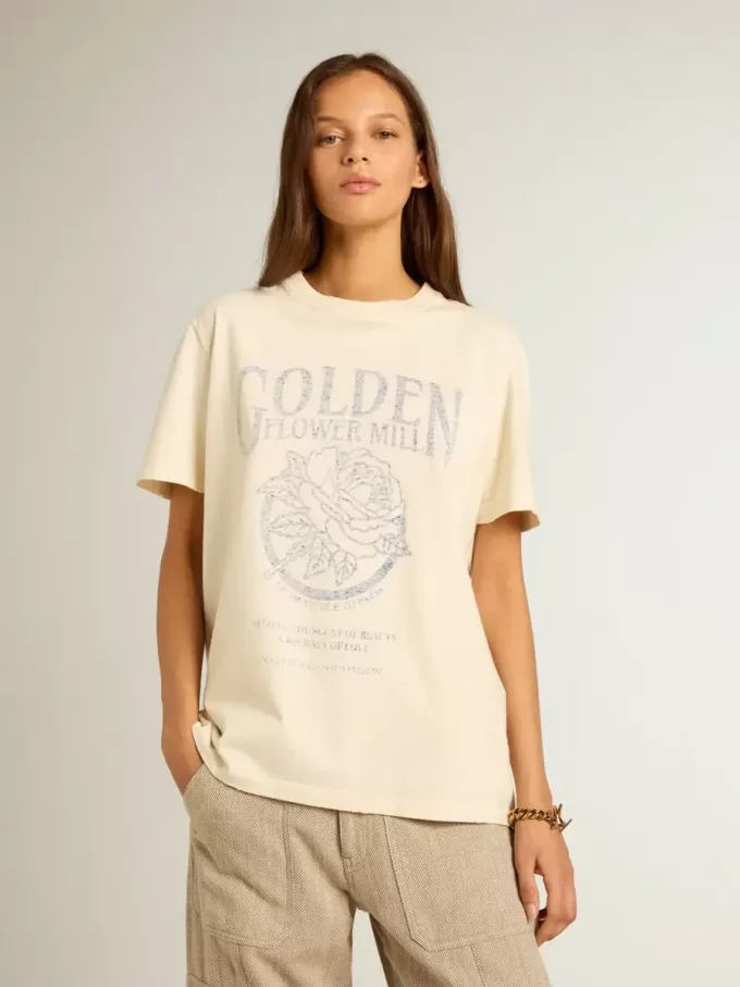 Damen-T-Shirt aus altweißer Baumwolle mit saisonalem Print