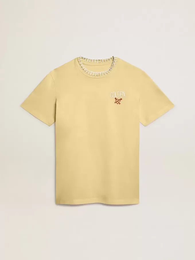 Damen-T-Shirt aus Baumwolljersey mit Stickerei am Halsausschnitt und auf der Brust
