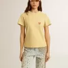 Damen-T-Shirt aus Baumwolljersey mit Stickerei am Halsausschnitt und auf der Brust