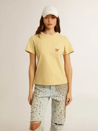 Damen-T-Shirt aus Baumwolljersey mit Stickerei am Halsausschnitt und auf der Brust Damen-T-Shirt aus Baumwolljersey mit Stickerei am Halsausschnitt und auf der Brust