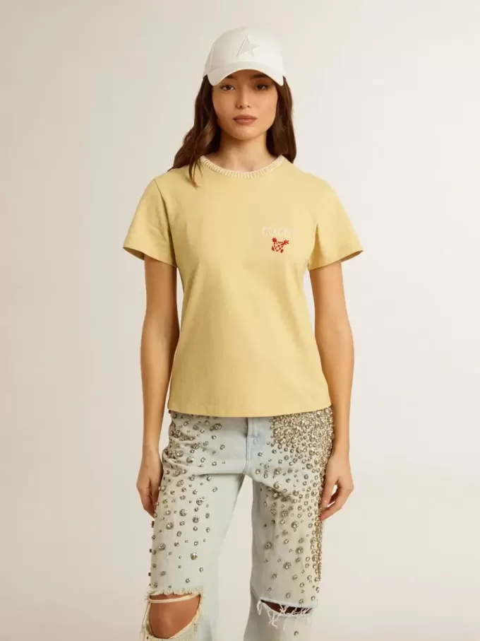 Damen-T-Shirt aus Baumwolljersey mit Stickerei am Halsausschnitt und auf der Brust