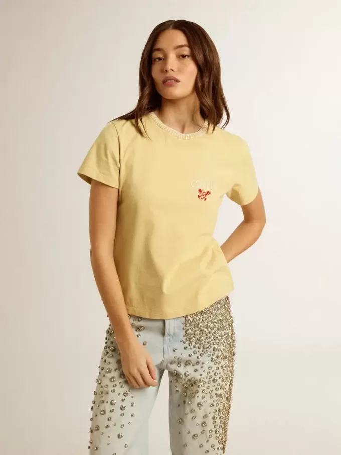 Damen-T-Shirt aus Baumwolljersey mit Stickerei am Halsausschnitt und auf der Brust