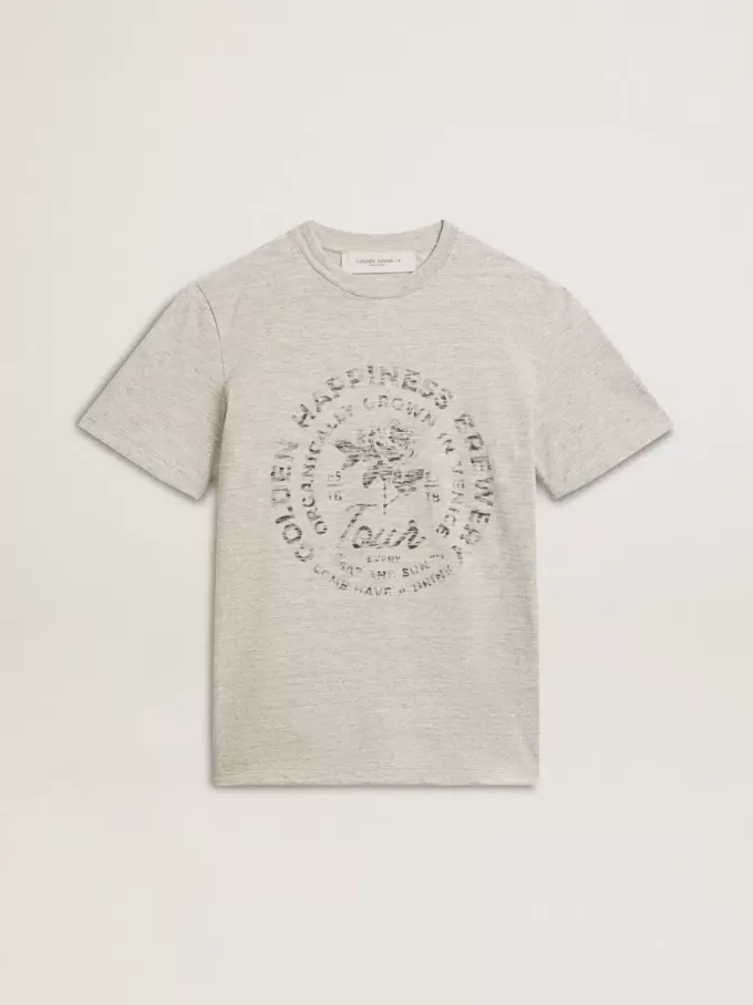 Damen-T-Shirt aus grau melierter Baumwolle mit saisonalem Print