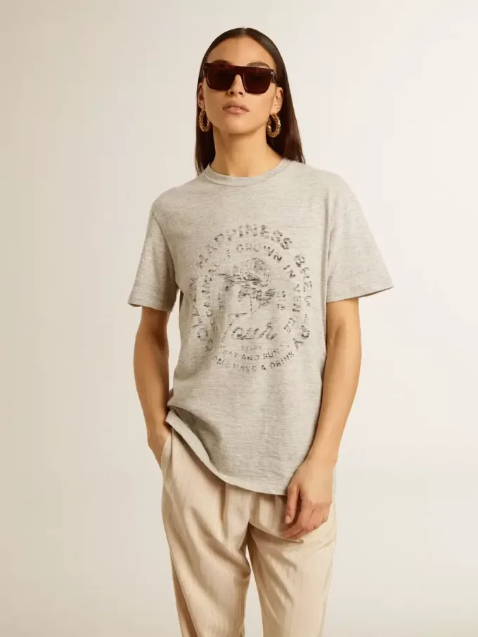Damen-T-Shirt aus grau melierter Baumwolle mit saisonalem Print