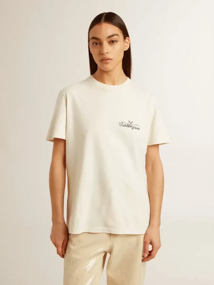 Damen-T-Shirt in Altweiß mit Logo auf der Brust