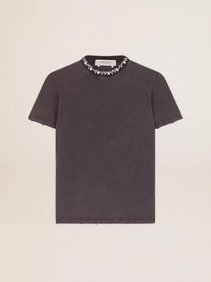 Damen-T-Shirt in Anthrazitgrau mit Kristallen