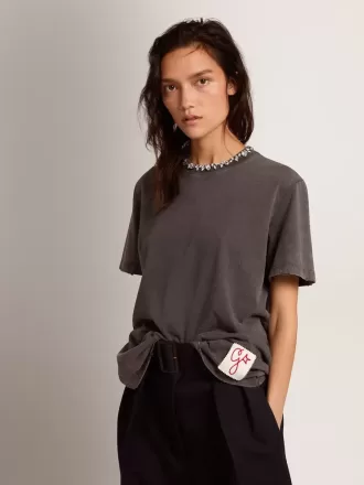 Damen-T-Shirt in Anthrazitgrau mit Kristallen