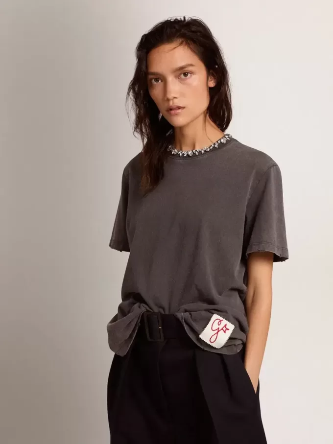 Damen-T-Shirt in Anthrazitgrau mit Kristallen