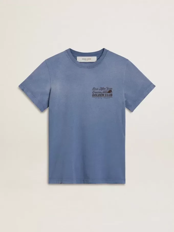 Damen-T-Shirt in verblasstem Hellblau mit Aufdruck auf der Brust