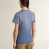 Damen-T-Shirt in verblasstem Hellblau mit Aufdruck auf der Brust