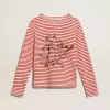 Damen-T-Shirt mit weißen und roten Streifen und Stickerei auf der Vorderseite