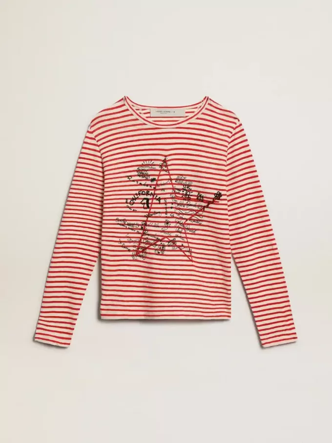 Damen-T-Shirt mit weißen und roten Streifen und Stickerei auf der Vorderseite