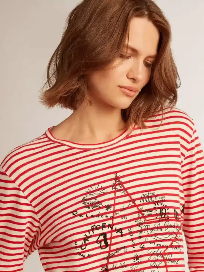 Damen-T-Shirt mit weißen und roten Streifen und Stickerei auf der Vorderseite